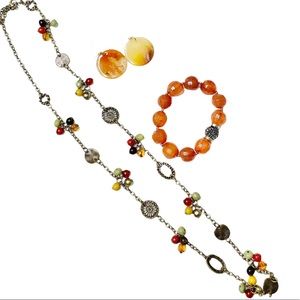 Beaded Antique Gold Necklace Chunky Beaded Bracelet Acrylic Circle Earrings Set